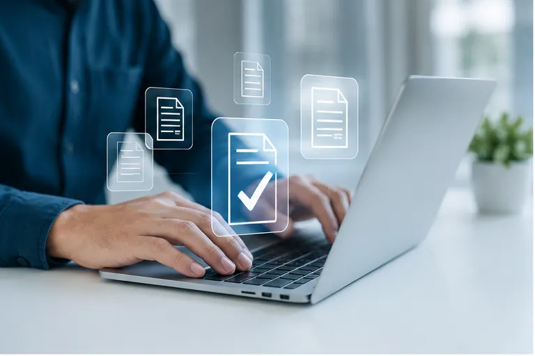 Persona gestionando documentos electrónicos desde su notebook