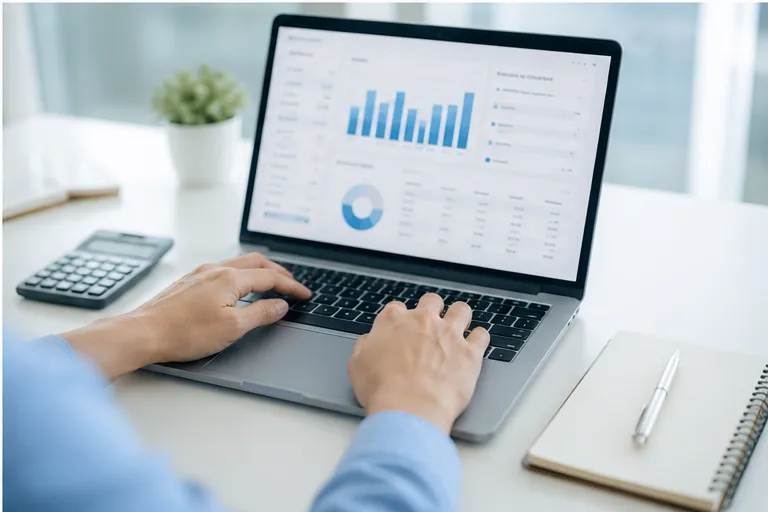 Persona revisando un dashboard financiero en su notebook