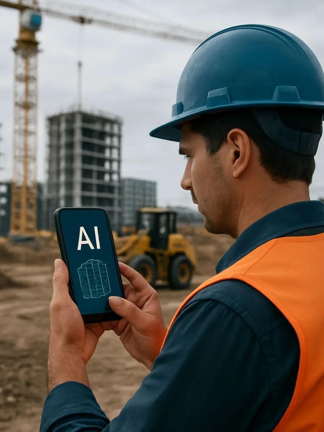 Trabajador de la construcción consultando IA desde su teléfono en obra