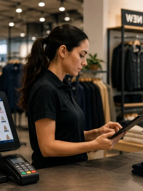 Vendedora usando POS y tablet en tienda de ropa