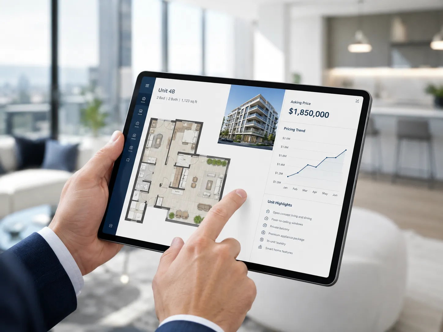 Persona revisando dashboard inmobiliario de una unidad en un tablet